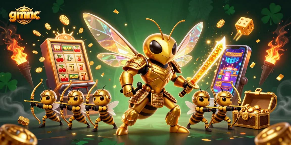 Engage with gmnc's thrilling gambling ecosystem through a vibrant 3D illustration of a samurai hornet and casino elements.