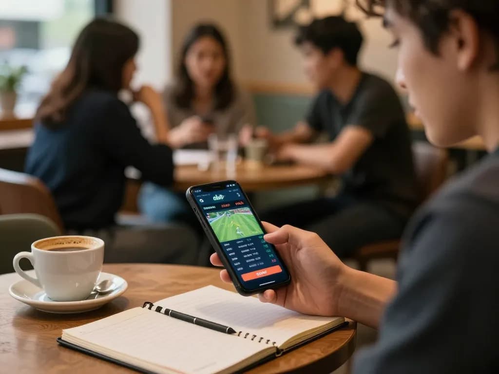 Engaging moment as user accesses link vào alo8 for sports betting on smartphone in cozy cafe environment
