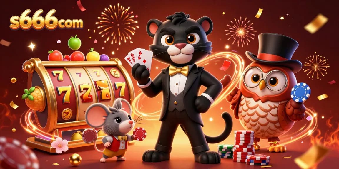 s666com showcases a dynamic 3D casino scene with a panther dealing cards and vibrant slot elements
