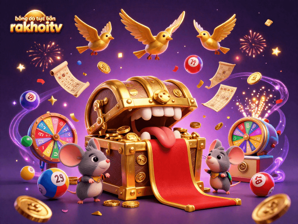 bóng đá trực tuyến rakhoitv captures excitement with a vibrant 3D illustration of lottery elements and adventure.