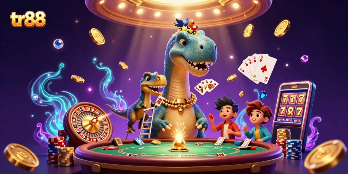 Experience thrilling gameplay at tr88 with a playful scene of a brontosaurus and raptor in a vibrant casino.