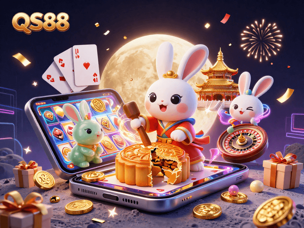 Engage with gaming excitement at QS88 featuring vibrant illustrations of a moon rabbit revealing poker chips.