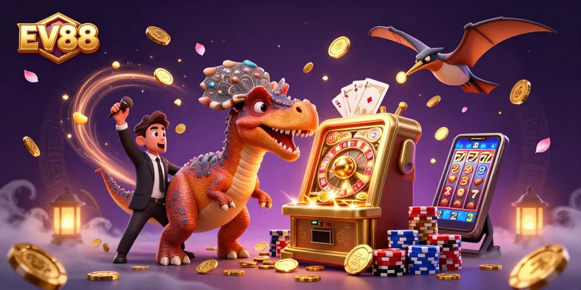 EV88 players enjoy a thrilling jackpot experience with cartoon dinosaurs illustrating casino fun.