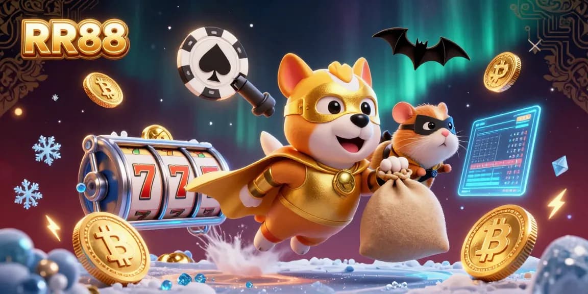 RR88 players enjoy thrilling casino adventures with a cartoon superhero dog flying and glowing coins surrounding them.
