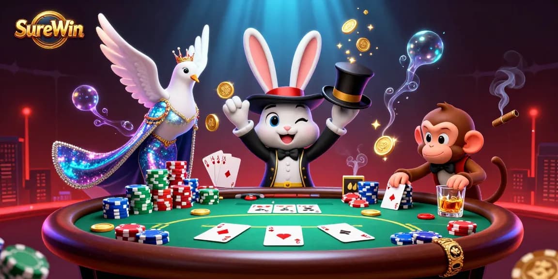 Engage with Surewin's vibrant 3D casino scene featuring a magician rabbit, dove, and monkey with poker elements.