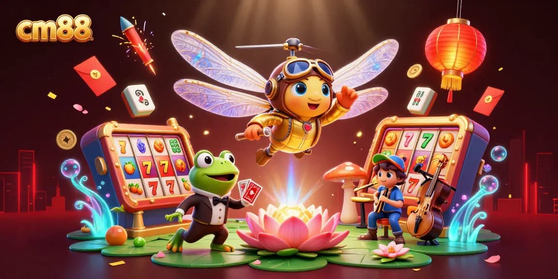 Experience the excitement of cm88 with vibrant slot reels and animated casino characters in a dynamic 3D scene.