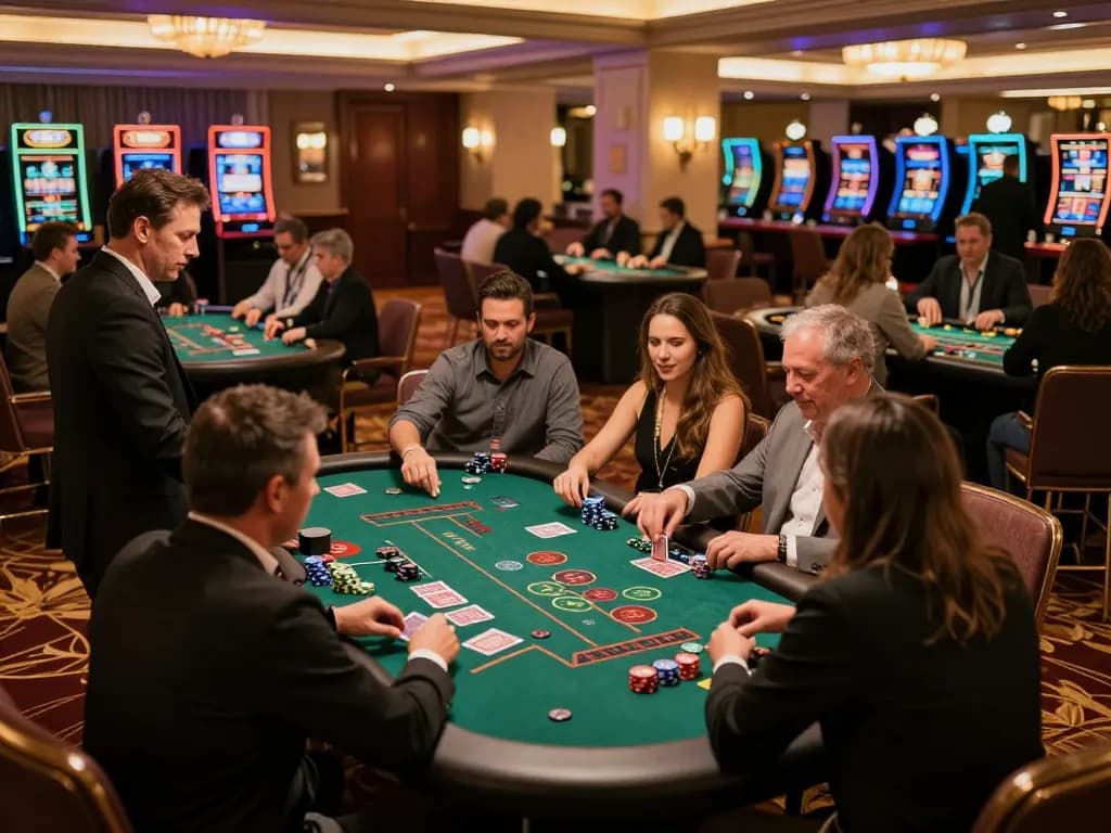 Engaging players at MV66 com blackjack table celebrating a win with colorful chips and cards.