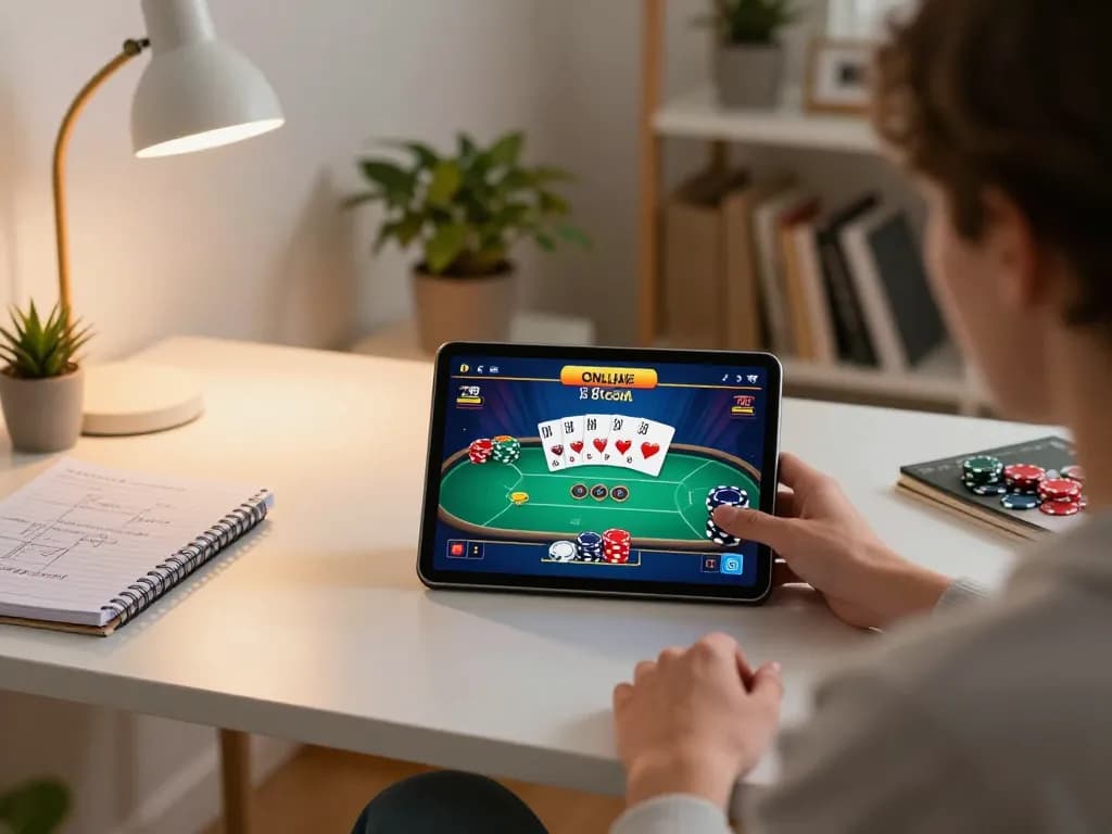 A player engaging in online poker on s8 com using a tablet, highlighting strategies and comfortable gaming setup.
