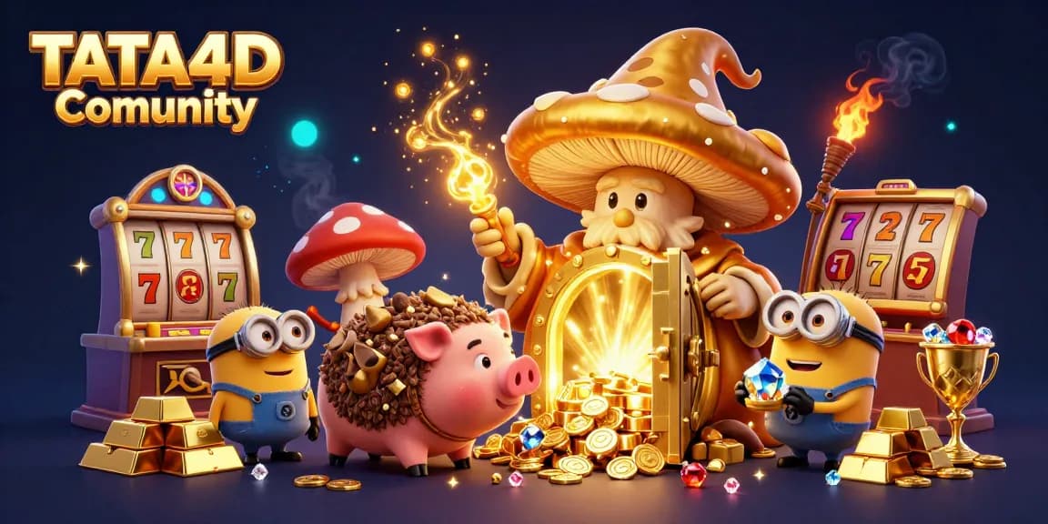 TATA4D Comunity celebrates thrilling jackpot moments with golden wizard, treasure, and slot reels.