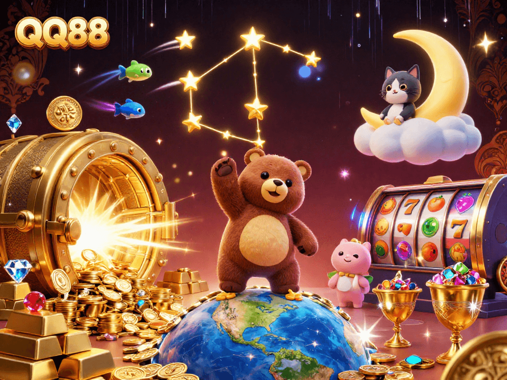 Engage with the QQ88 universe as a constellation bear scoops coins amidst gold treasures and slot symbols.