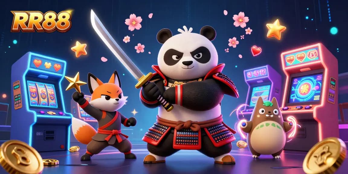 Experience exciting gameplay at RR88 with a vibrant 3D casino illustration featuring a samurai panda and ninja fox.