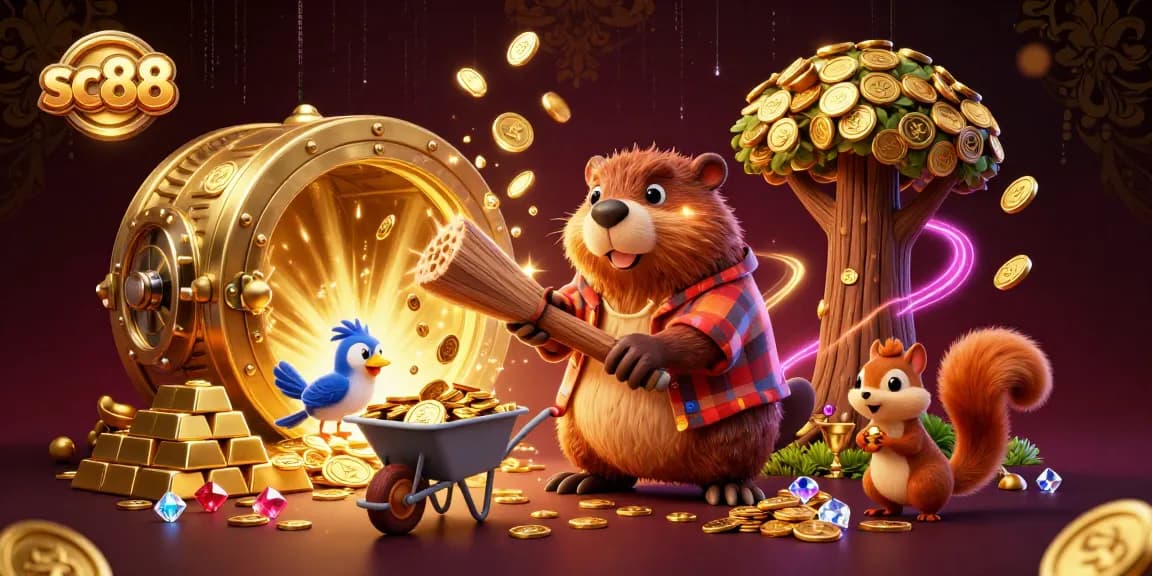 Spin to win with sc88, featuring a beaver, bird, and squirrel amid a treasure-filled casino scene.
