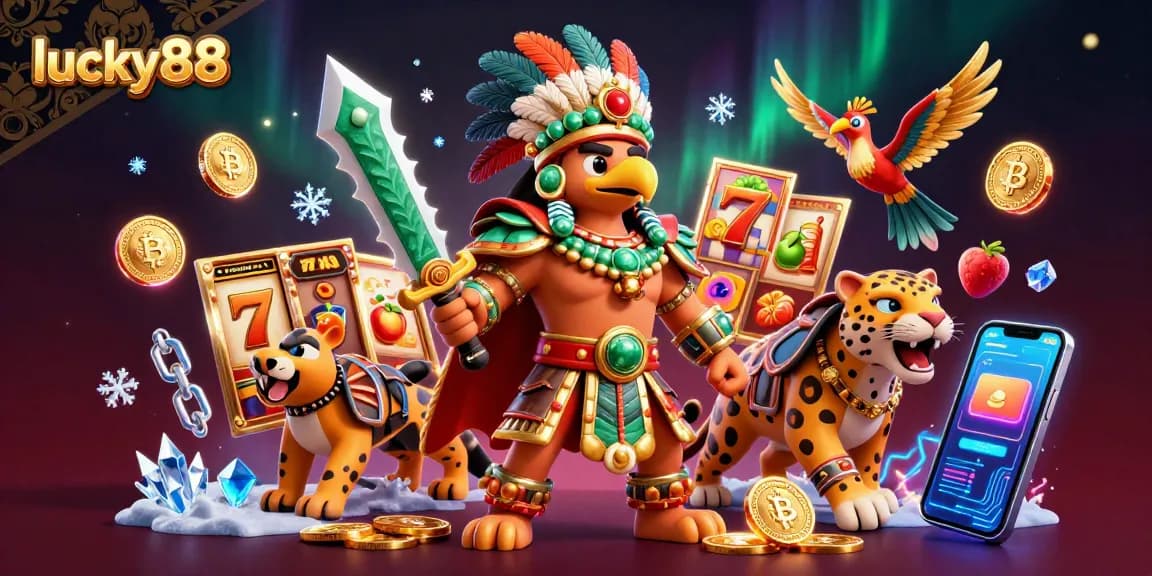 Engage with the exciting lucky88 slots illustration, featuring slot reels and vibrant characters in a dynamic casino-themed scene.