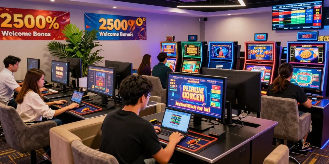 Engaged players at an online casino malaysia exploring games with digital interfaces and vibrant promotions.