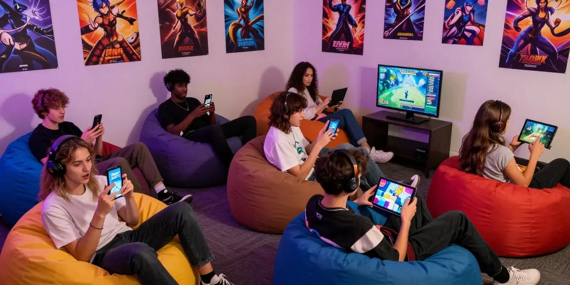 Players enjoying hentaigames in a vibrant gaming lounge, showcasing multiple devices and engaging interactions.
