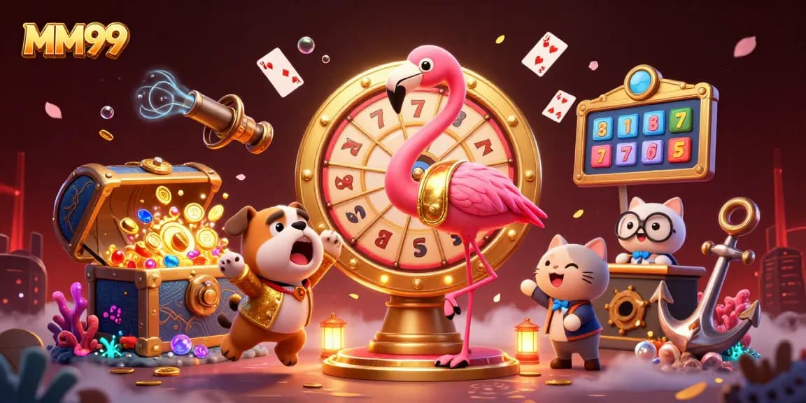 Exciting MM99 game night featuring characters celebrating wins with slot reels and prizes.