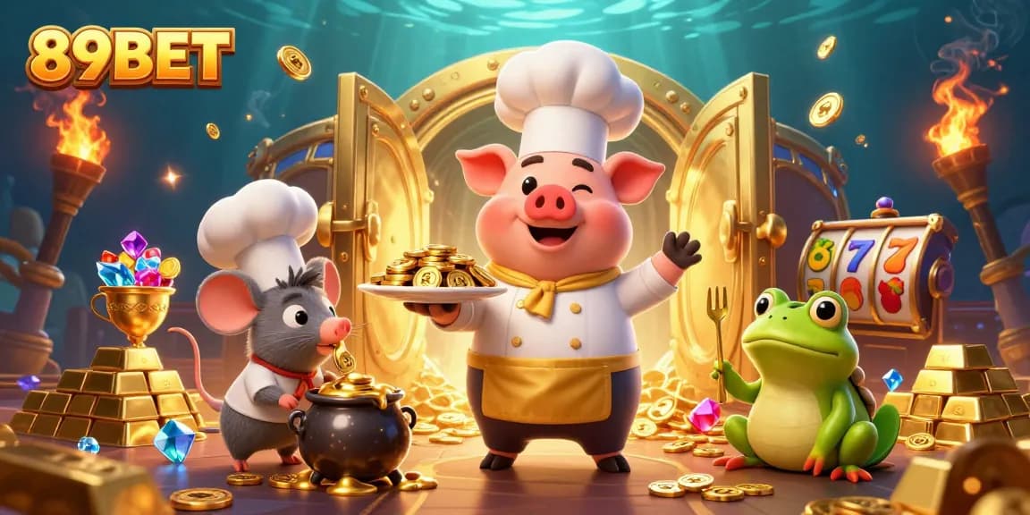 Engage with thrilling gambling action at 89BET with cartoon chef pig presenting gold coins.