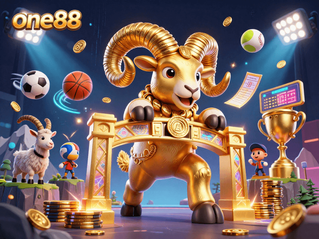 Experience the thrill of one88 with golden ram charging through dynamic sports elements, capturing high-stakes action.