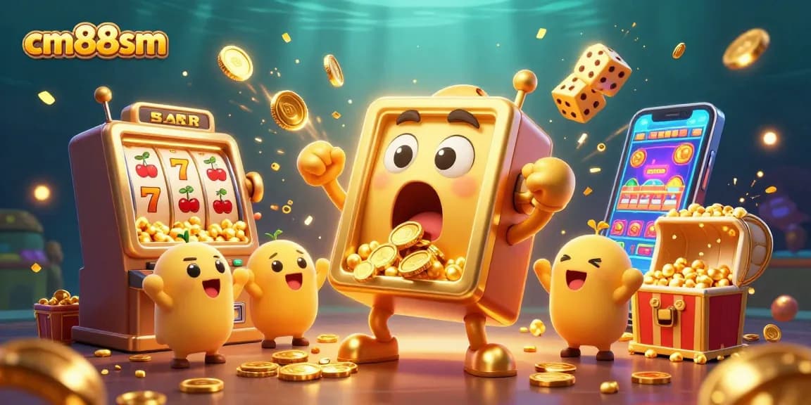 Experience the excitement of cm88sm with this vibrant illustration of a golden slot machine winning a jackpot amidst a casino scene.