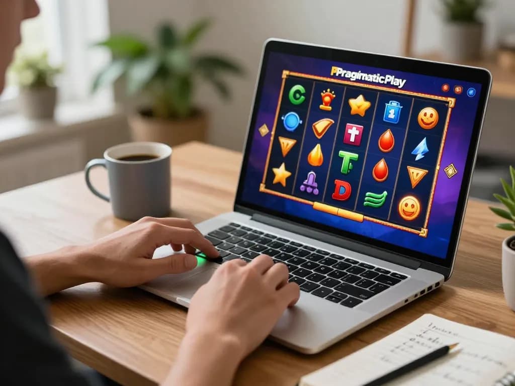 Engaging in a Pragmaticplay slot game at home, showcasing strategic gameplay and responsible gaming.