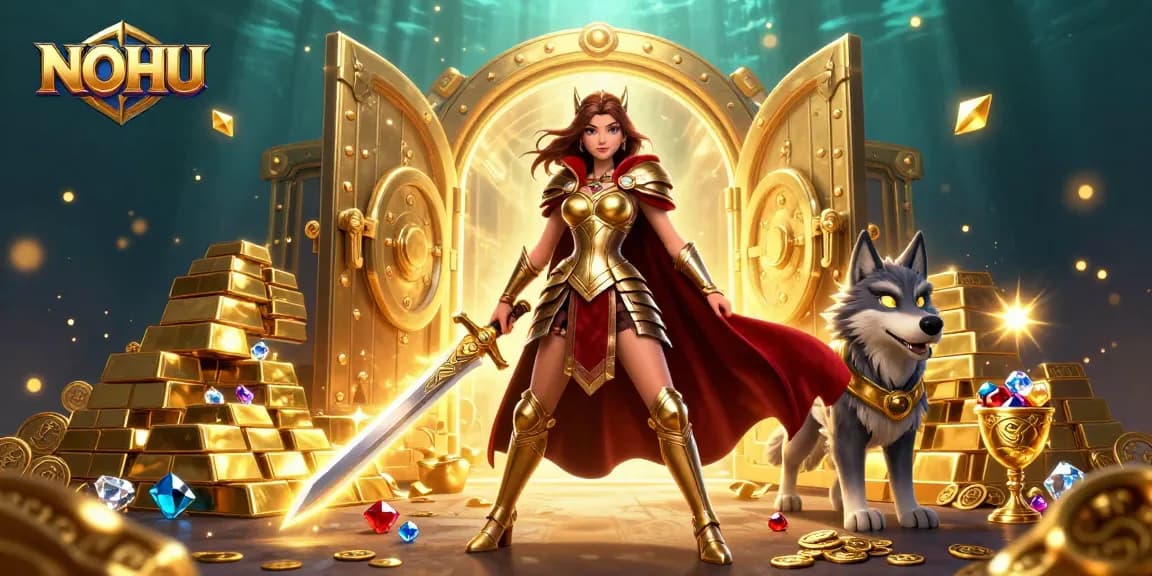 Experience thrilling NOHU slots with a warrior queen and glowing wolf amid treasure!