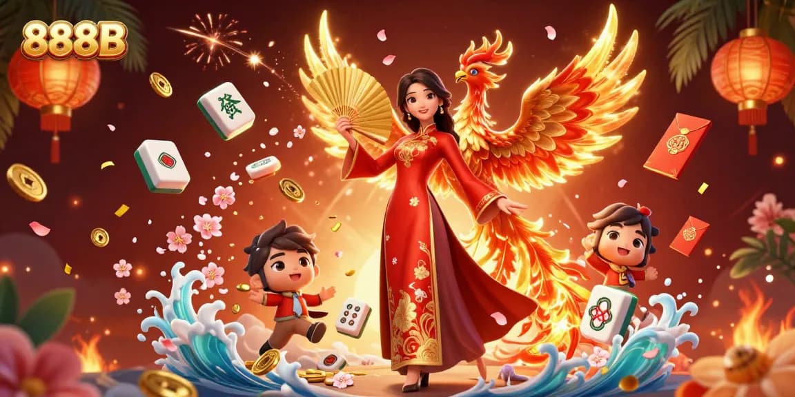 Immerse in the vibrant world of 888B gaming, featuring a stunning woman in an ao dai with golden phoenix elements.