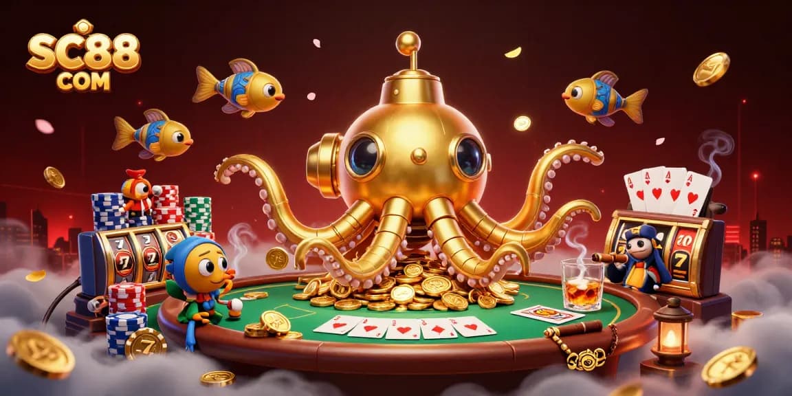 Engage with vibrant SC88 COM gaming adventures featuring a golden kraken submarine amidst poker chips and slot elements.