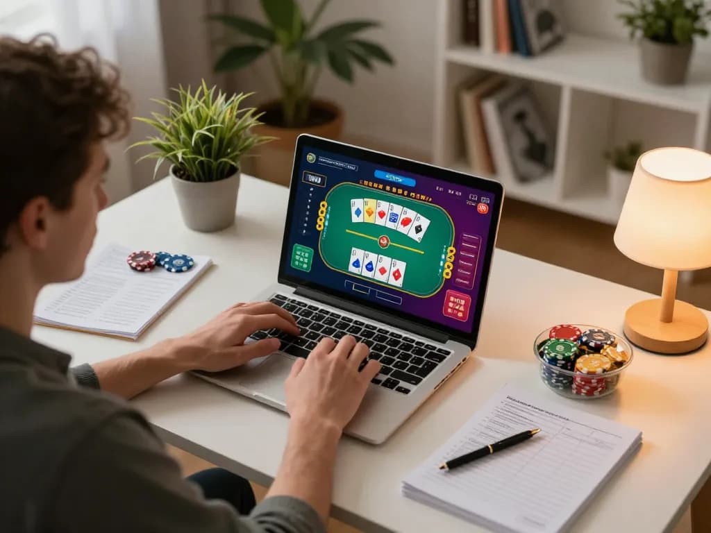 Engaging in online casino gaming at home, showcasing MM88 poker game strategy.