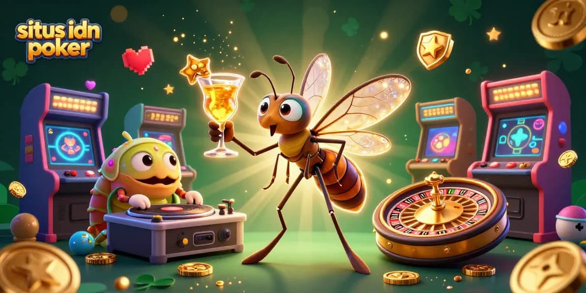 Permainan situs idn poker yang seru dengan karakter kasino unik dan mesin arcade yang berkilauan.