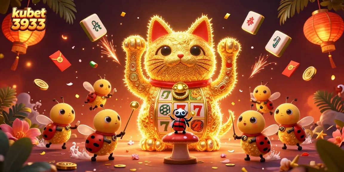 Experience the vibrant world of kubet 3933 with a giant lucky cat and lively casino symbols.