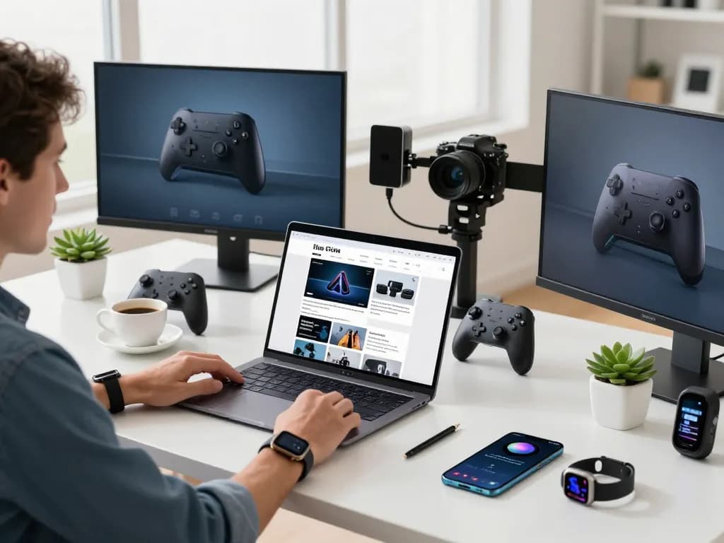 Showcasing the latest tech gadgets 2076 in a modern workspace with Bluetooth devices and a tech-savvy individual.