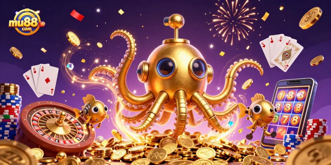 Spin to win at mu88com with 3D casino adventures featuring a golden kraken and riches.