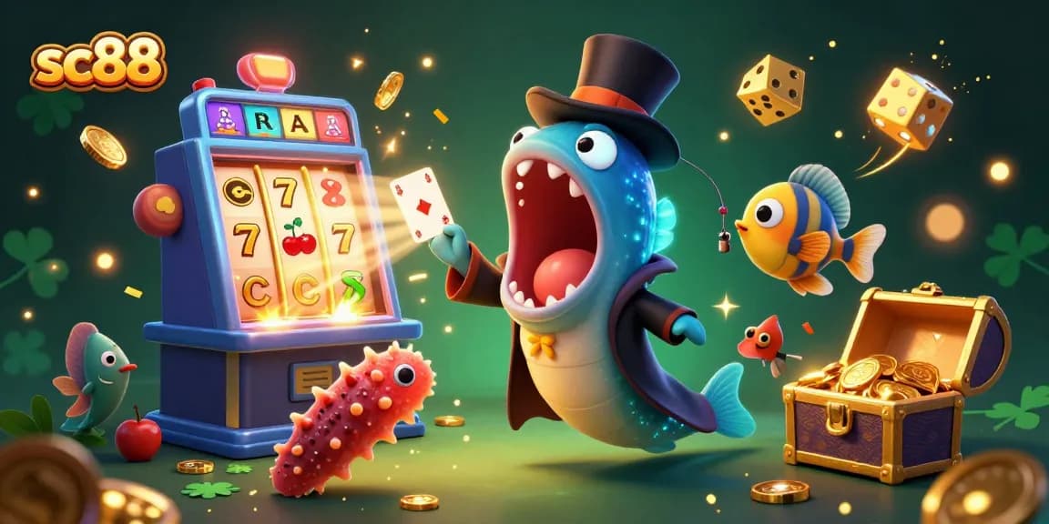 Play exciting games at sc88 - a lively 3D digital illustration showcasing a casino magic performance.