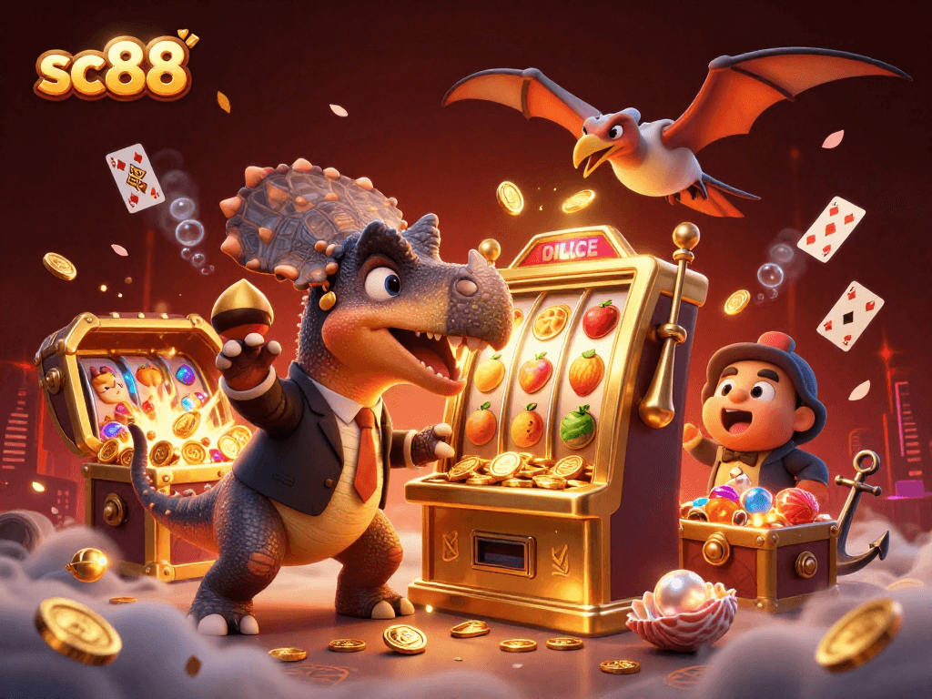 sc88 slots scene depicting a pachycephalosaurus winning jackpots amidst coins and lively casino elements