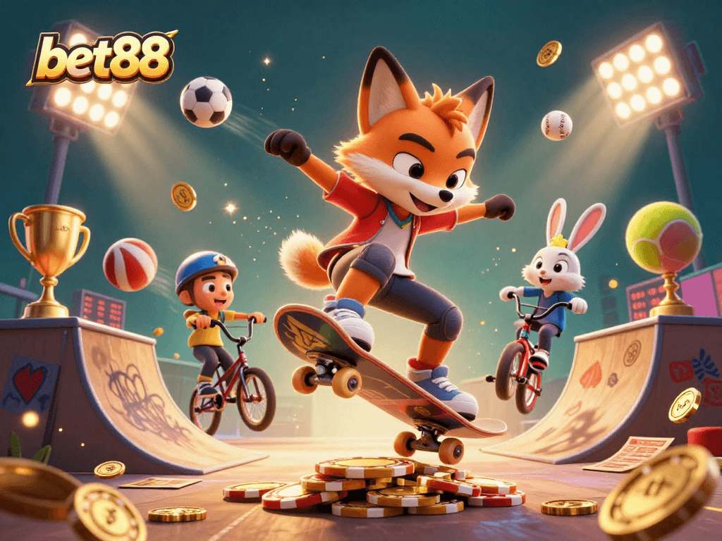 Engaging scene showcasing bet88's animated characters surrounded by casino elements and dynamic sports activity.