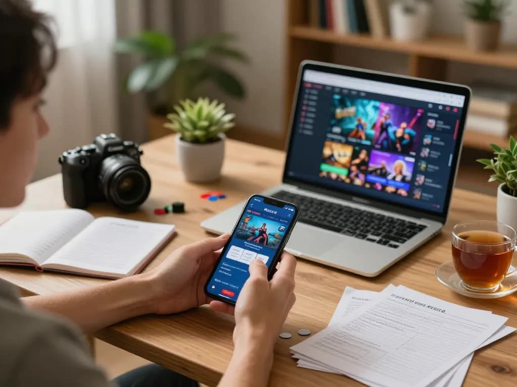 Player enjoying gamebaidoithuong on mobile app, surrounded by strategy notes and warm home decor.