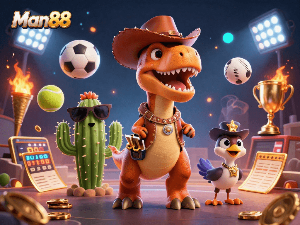 Engage with thrilling gameplay at Man88 with dynamic sports betting scenes featuring exciting characters.