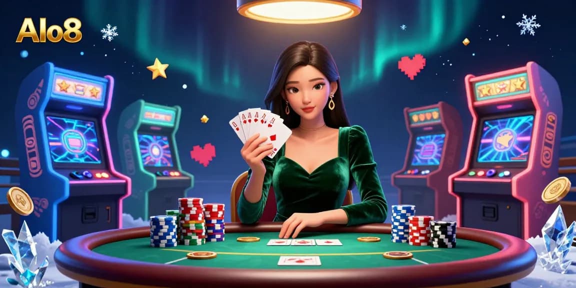 Alo8 offers thrilling poker gameplay with a stunning Asian woman in a luxurious setting, showcasing rich casino elements and vibrant graphics.