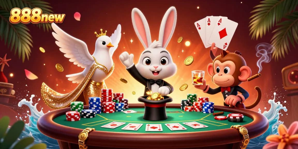 Join the action at 888new, where a magician rabbit, dove, and monkey entertain at a dynamic poker table.
