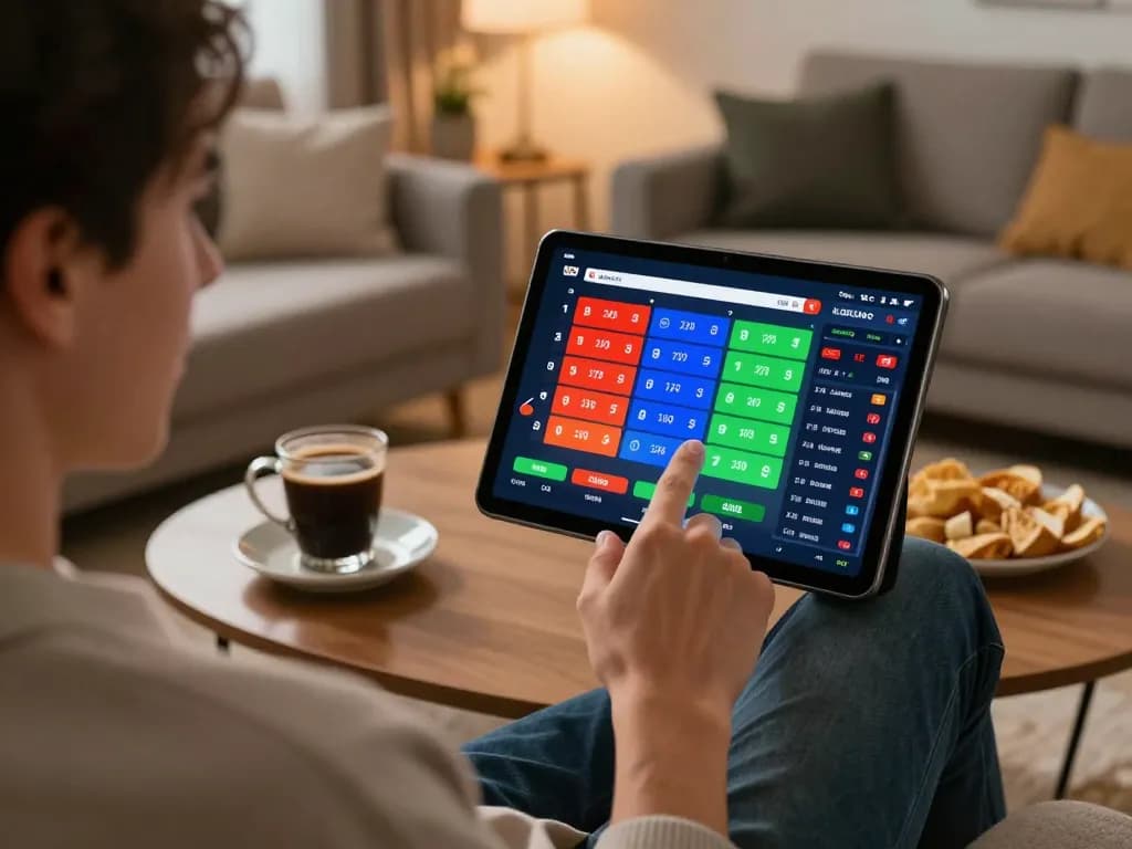 Excited person placing an F8 bet on sports using a tablet in a cozy living room setup.