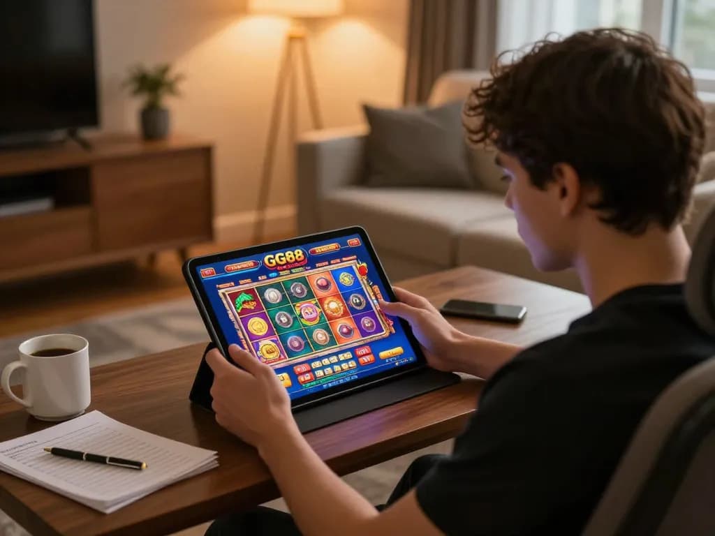 Engaging in dynamic gameplay on GG88 casino app with colorful graphics in cozy home setting