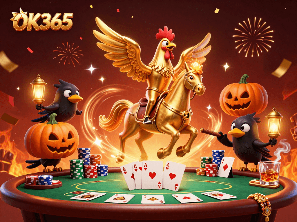 Experience exciting poker nights at OK365 with golden rooster characters showcasing thrilling gaming elements.