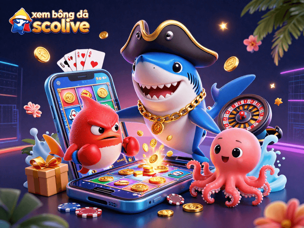 Experience xem bóng đá socolive in a dynamic, vibrant casino-themed illustration with playful characters.