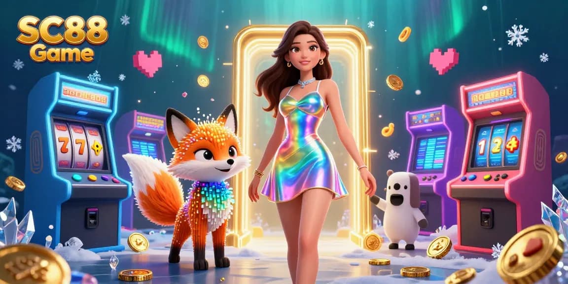 Engage with SC88 Game, where a stunning woman in a holographic dress meets vibrant arcade slots and golden elements.