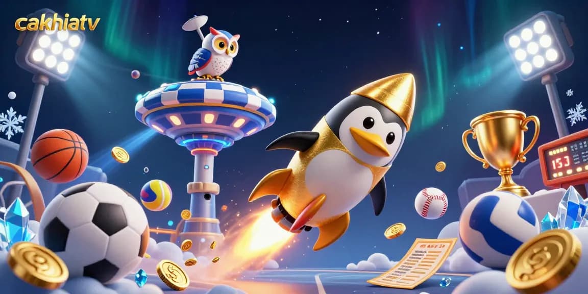 Join the cakhiatv experience with a golden penguin blasting through casino-themed space.
