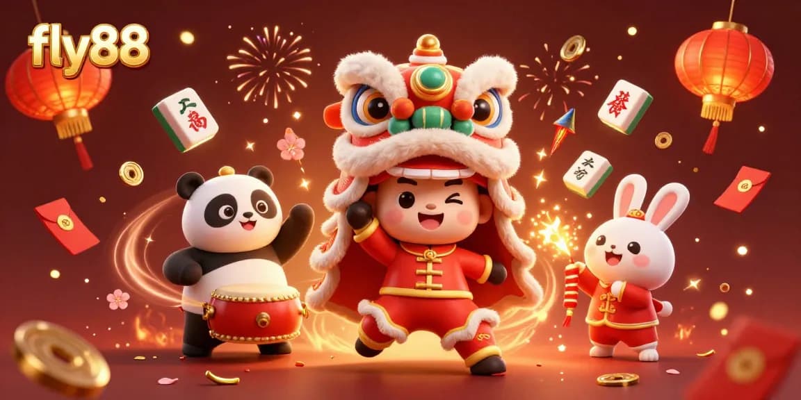 Experience thrilling wins at fly88 with a vibrant casino-themed illustration featuring festive characters.