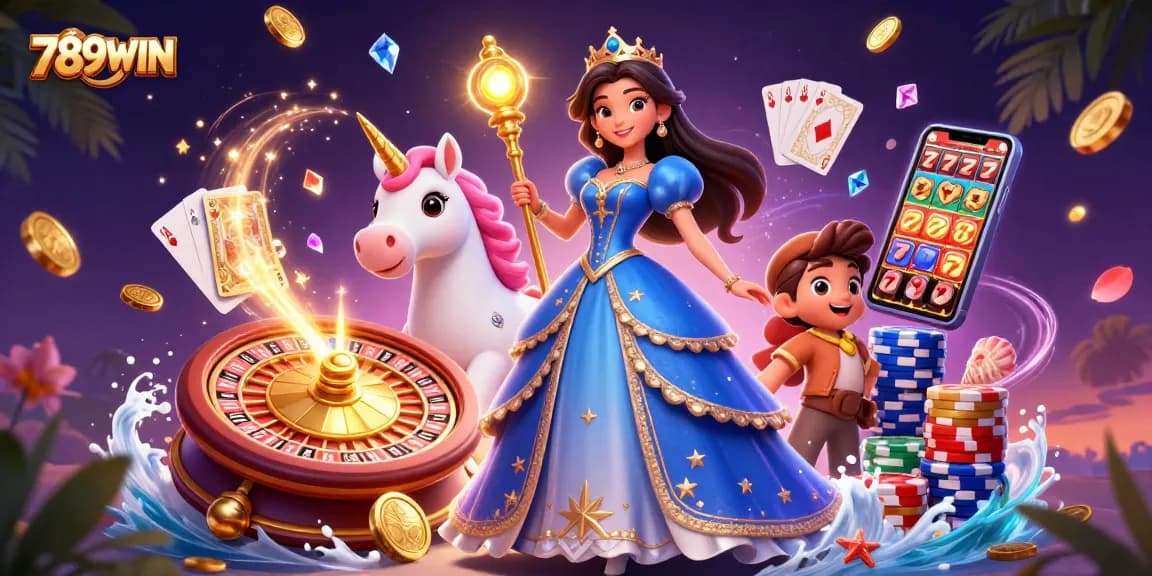 Experience 789WIN's rich casino atmosphere with a stunning 3D illustration showcasing exciting game elements and characters.