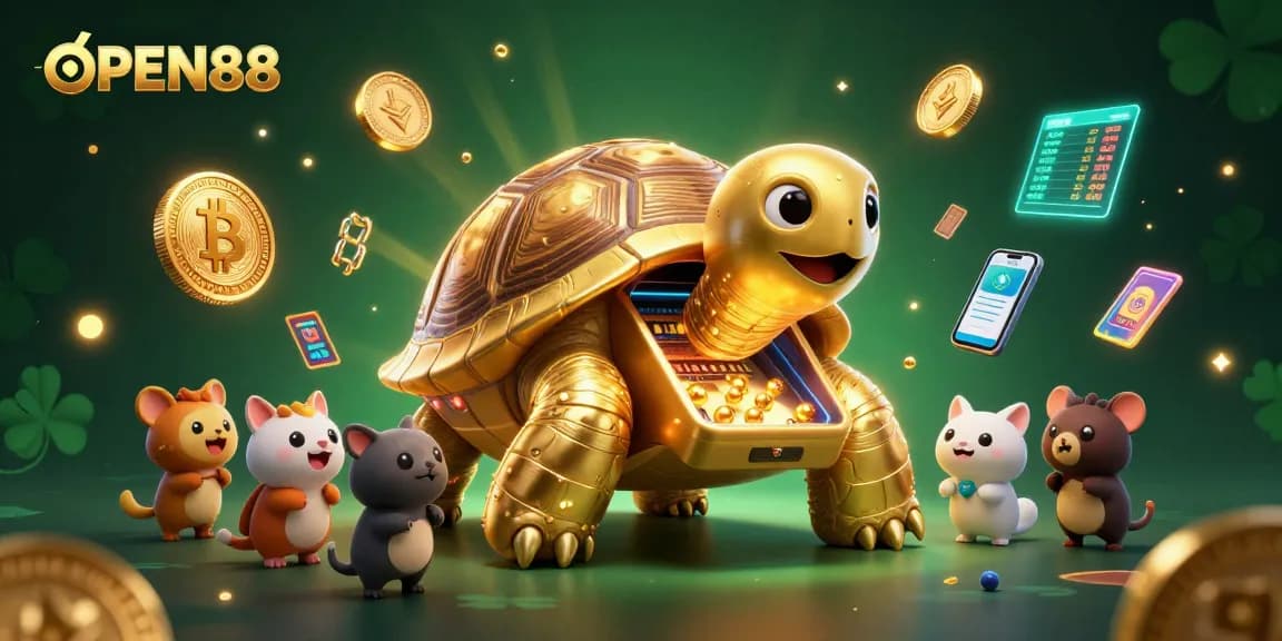 Engage in vibrant casino fun at OPEN88 with golden tortoise pinball and crypto elements.