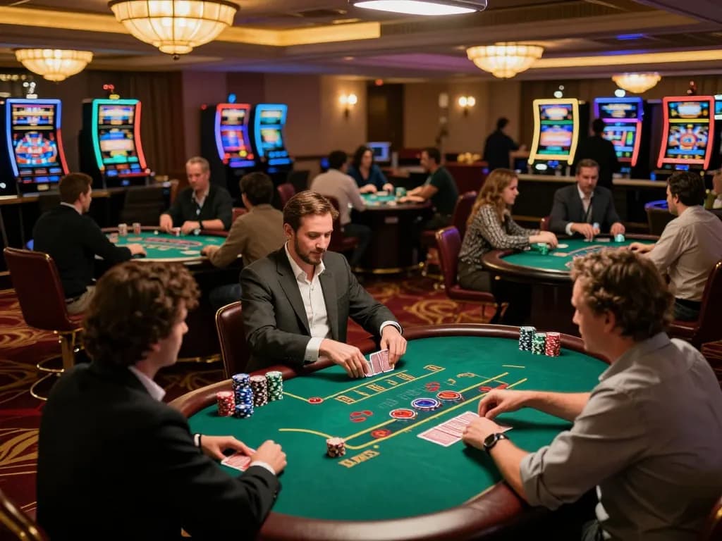 Players enjoy blackjack games at the S8 casino, showcasing strategic card play and vibrant ambiance.