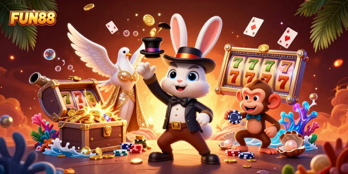 FUN88 showcases a vibrant scene with a magician rabbit, dove, and monkey engaging in exciting casino gameplay.